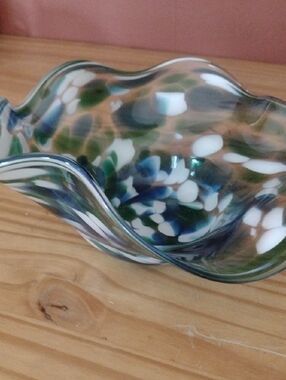 Handblown Glass Decorative Bowl in Blue, Green & White Elegant, Unique